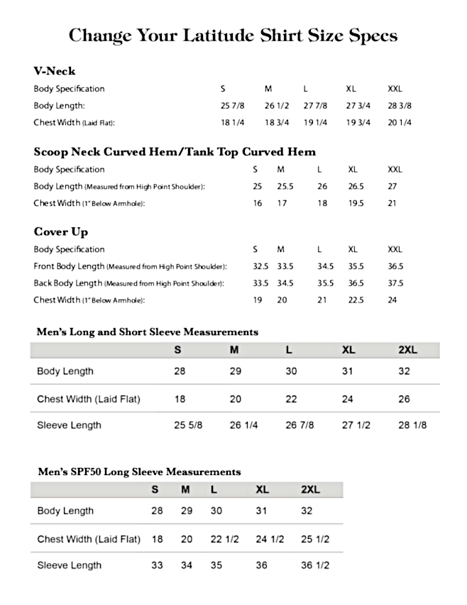Sizing Charts for various offered apparel